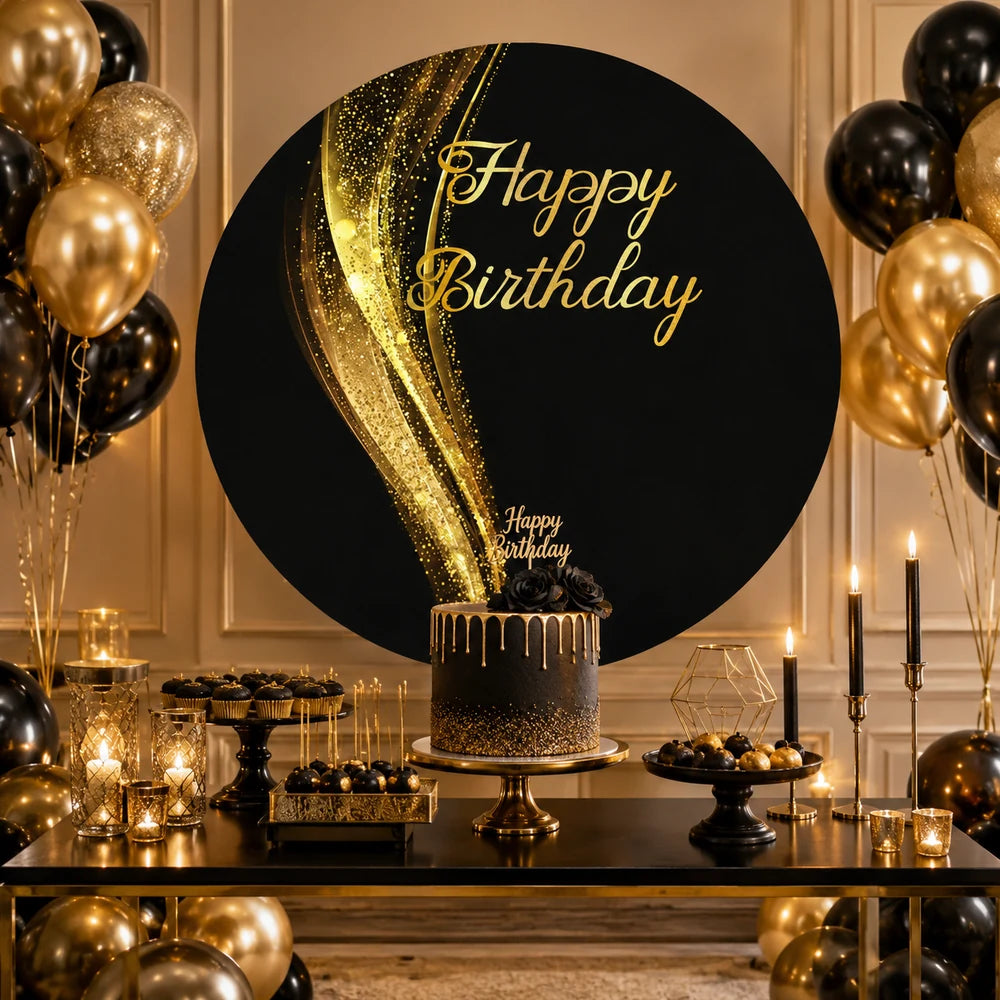 Black and gold round Happy Birthday backdrop with glitter wave design and elegant gold script for an adult birthday party.