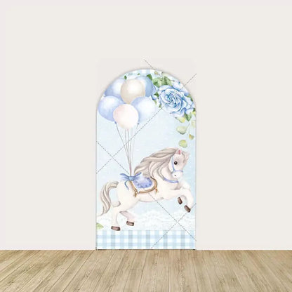 Left panel featuring a carousel horse holding pastel blue and cream balloons, framed by blue roses and checkered gingham.