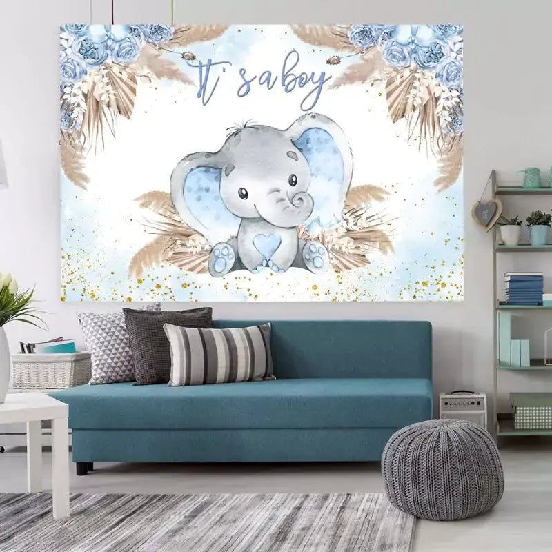 Baby shower backdrop for a boy featuring cute elephant with blue accents, beige florals, and blue roses – ideal for gender-specific baby celebrations