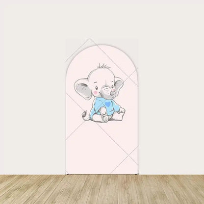 Center backdrop with a cute baby elephant in a blue onesie, featuring a heart symbol, perfect as the main focal point for a baby shower.