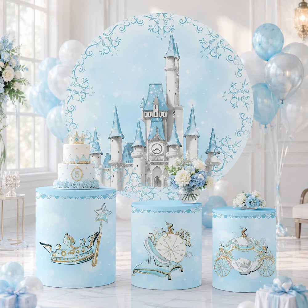 Blue princess castle party set with one round fairy tale backdrop and three matching cylinder covers featuring crown, glass slipper and carriage designs.