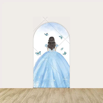 Center panel with a princess in a sparkling blue ball gown and butterflies, viewed from the back—ideal for royal-themed birthdays and events.