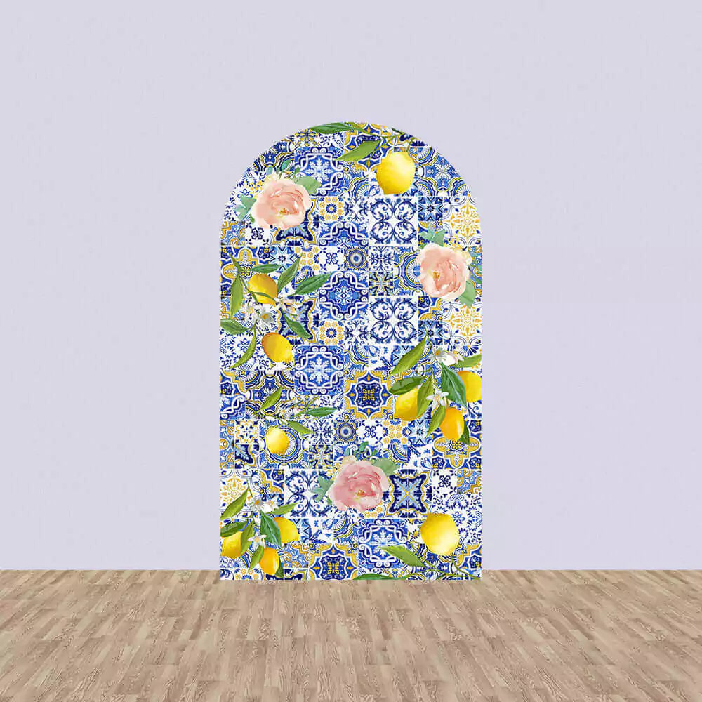 Center panel with ornate blue Mediterranean tiles, yellow lemons, and pink roses—eye-catching centerpiece for garden or summer party decor.