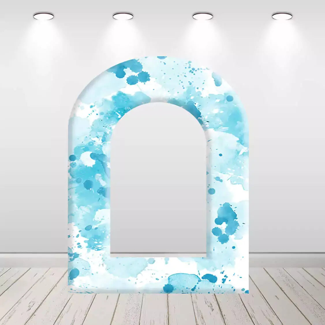 Arched backdrop with blue watercolor splashes, creating a whimsical background for fairytale or princess-themed events.