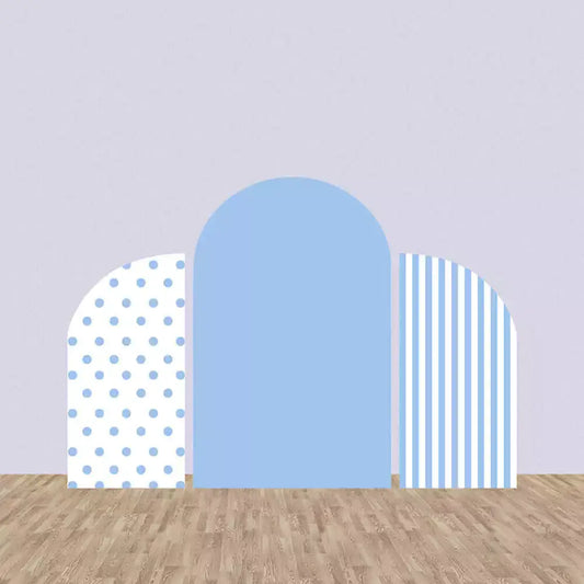 Minimalist blue and white backdrop set with polka dot, solid color, and stripe patterns, perfect for baby showers, birthdays, or gender reveal parties.