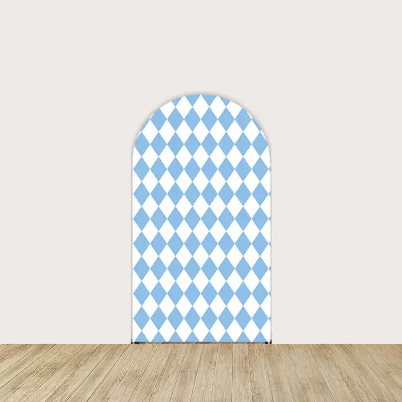 Left panel with classic Alice blue and white diamond pattern—vintage checkerboard style perfect for Wonderland-themed party decor.