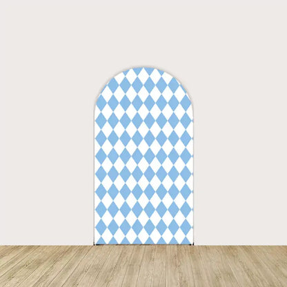 Left panel with classic Alice blue and white diamond pattern—vintage checkerboard style perfect for Wonderland-themed party decor.