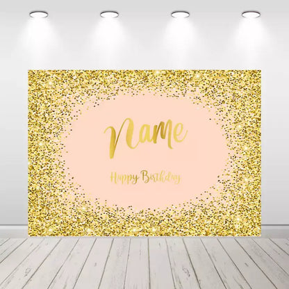 Blush pink and gold glitter birthday backdrop with sparkling confetti border and custom name area – perfect for elegant girls’ birthday celebrations