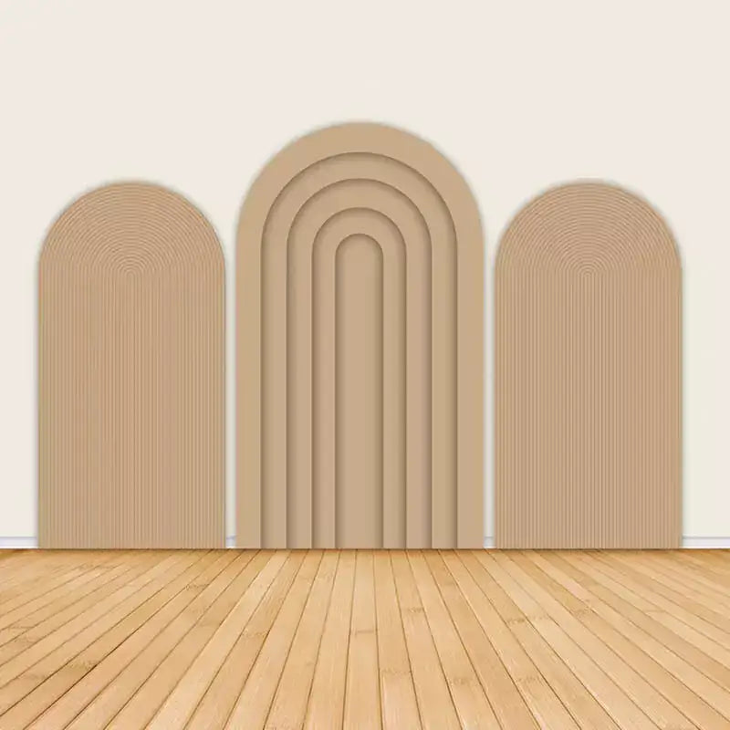 Three-panel boho arch backdrop set featuring soft beige and terracotta tones with minimalist rainbow arches and curved line patterns—ideal for neutral-themed events.