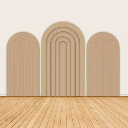 Three-panel boho arch backdrop set featuring soft beige and terracotta tones with minimalist rainbow arches and curved line patterns—ideal for neutral-themed events.