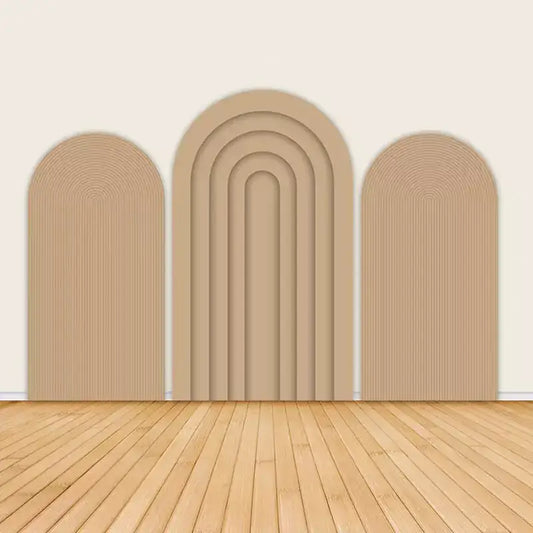 Three-panel boho arch backdrop set featuring soft beige and terracotta tones with minimalist rainbow arches and curved line patterns—ideal for neutral-themed events.