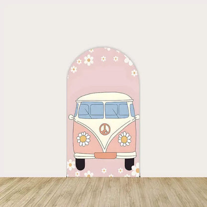 Boho-style retro van with peace symbol and white daisies on blush background.