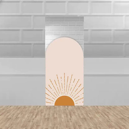 Left panel with modern boho sunburst in earthy tones on a soft beige background—ideal for warm-toned baby shower or maternity event themes.