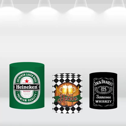 Set of three cylinder covers with bar-themed designs: Heineken branding on green, a Boteco logo with beer mugs on black-and-white checkers, and Jack Daniel’s whiskey branding on black.