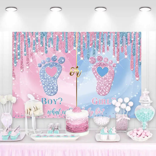 Gender reveal backdrop with glittery pink and blue footprints, ‘Boy or Girl?’ text, perfect for celebrating a baby’s gender reveal