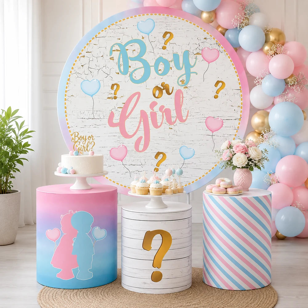 Boy or Girl gender reveal party set with one round backdrop and three matching cylinder covers in pink, blue, white and gold.