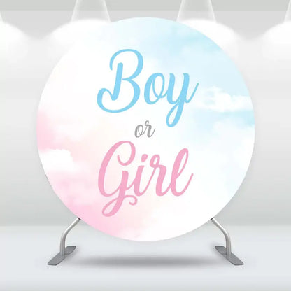 Round gender reveal backdrop with pastel pink and blue clouds and ‘Boy or Girl’ text – perfect for baby gender reveal parties and photo booths