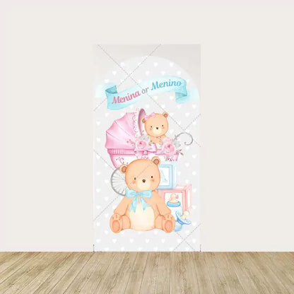 Center backdrop featuring teddy bears, a pink baby carriage, blocks, and "Menina or Menino" text with a heart pattern, perfect for a gender reveal centerpiece.