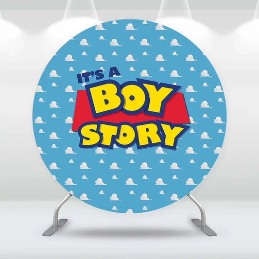 It's a Boy Story themed round backdrop with playful blue and white cloud pattern.