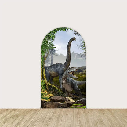 Arch panel showing a Brachiosaurus and aggressive Velociraptor clashing in a jungle setting—epic visual for Jurassic-themed setups.