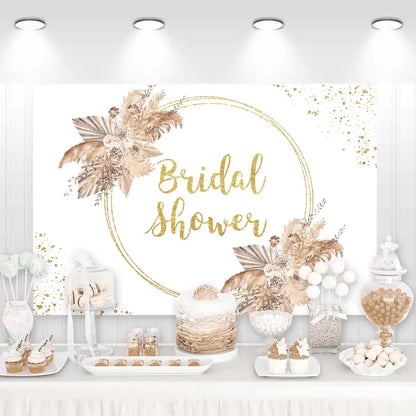 "Bridal Shower" backdrop featuring a gold circle design with neutral floral accents, perfect for an elegant and sophisticated event.