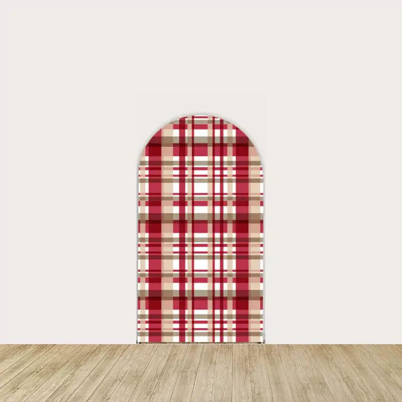 Arch panel featuring matching red and white buffalo plaid design—perfect for coordinating rustic Christmas party decorations.