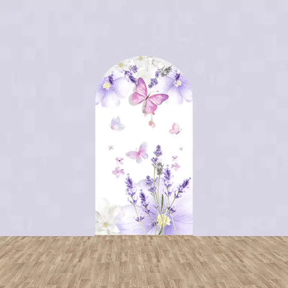 Center backdrop featuring lavender flowers and various pink and purple butterflies, ideal for creating a spring garden atmosphere.