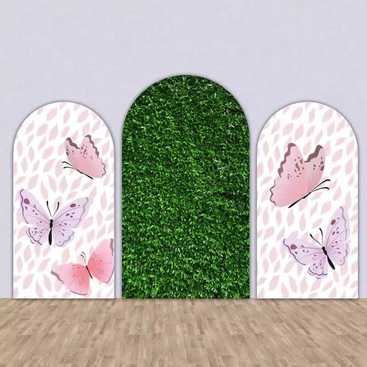 Butterfly and greenery-themed arched backdrop set with pink and purple butterflies on leafy patterns, ideal for baby showers and garden-themed events.