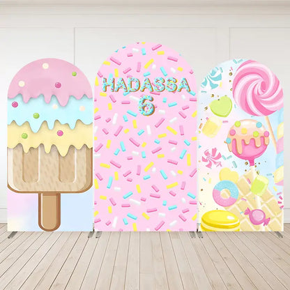 Three-panel candy and ice cream-themed backdrop featuring ice cream bars, colorful sprinkles, lollipops, and pastel candy designs—perfect for birthday parties.