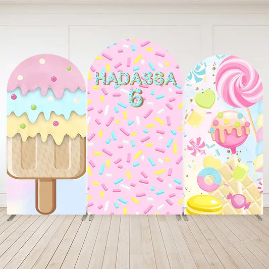 Three-panel candy and ice cream-themed backdrop featuring ice cream bars, colorful sprinkles, lollipops, and pastel candy designs—perfect for birthday parties.