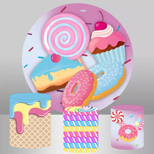 Round candy and sweets-themed backdrop with colorful treats like cupcakes, donuts, and lollipops, along with matching cylinder covers featuring candy and ice cream designs.