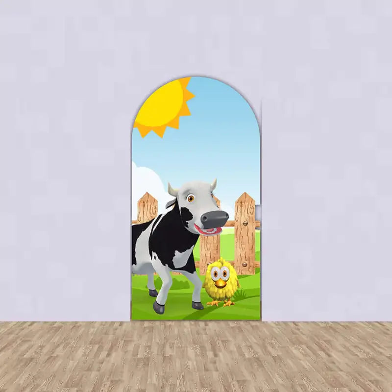 Arched backdrop with a cartoon cow and chick under a bright sun, set in a farmyard scene with a wooden fence.