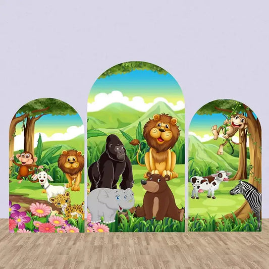Three-panel cartoon jungle animal arch backdrop with lions, monkeys, elephants, zebra, and other safari animals in a lush green landscape.