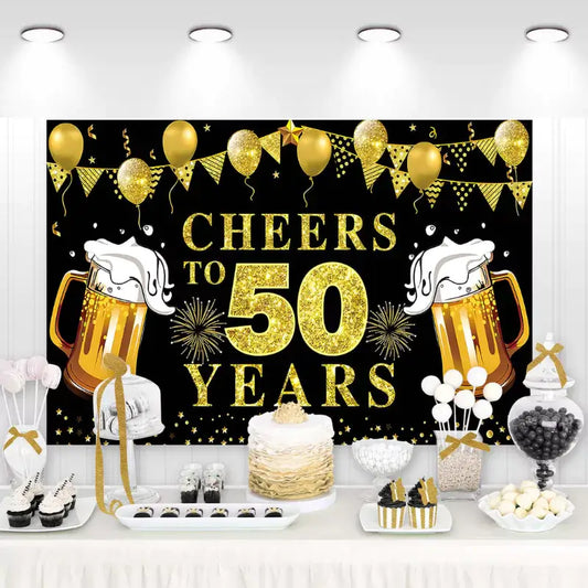 Golden "Cheers to 50 Years" birthday backdrop with beer mugs and balloons.