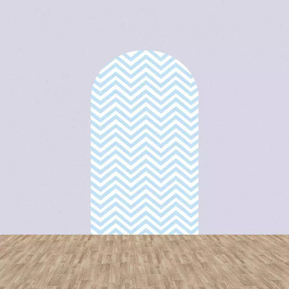 Right arch with soft blue and white chevron zigzag pattern—adds a modern, playful touch to baby shower or nursery-themed setups.