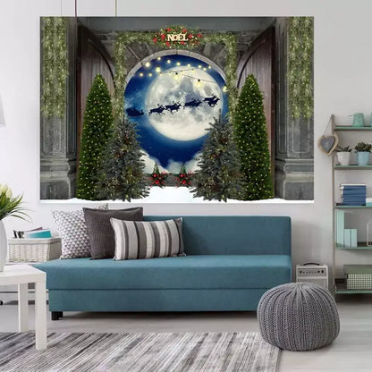 Magical Santa sleigh and reindeer silhouette flying over a glowing moon, surrounded by decorated fir trees and festive greenery – ideal Christmas party backdrop