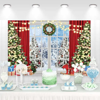 Christmas backdrop with window view, decorated trees, and holiday lights, perfect for festive parties.