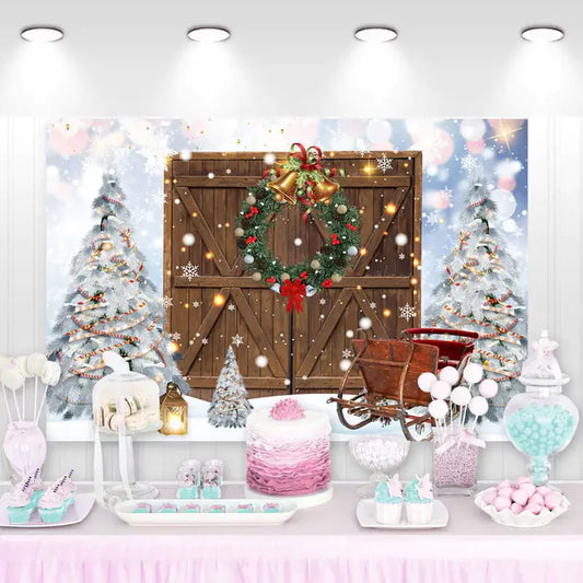 Christmas party backdrop with snowy pine trees, wooden barn doors, holiday wreath, sleigh, and festive lights – perfect for winter celebrations.