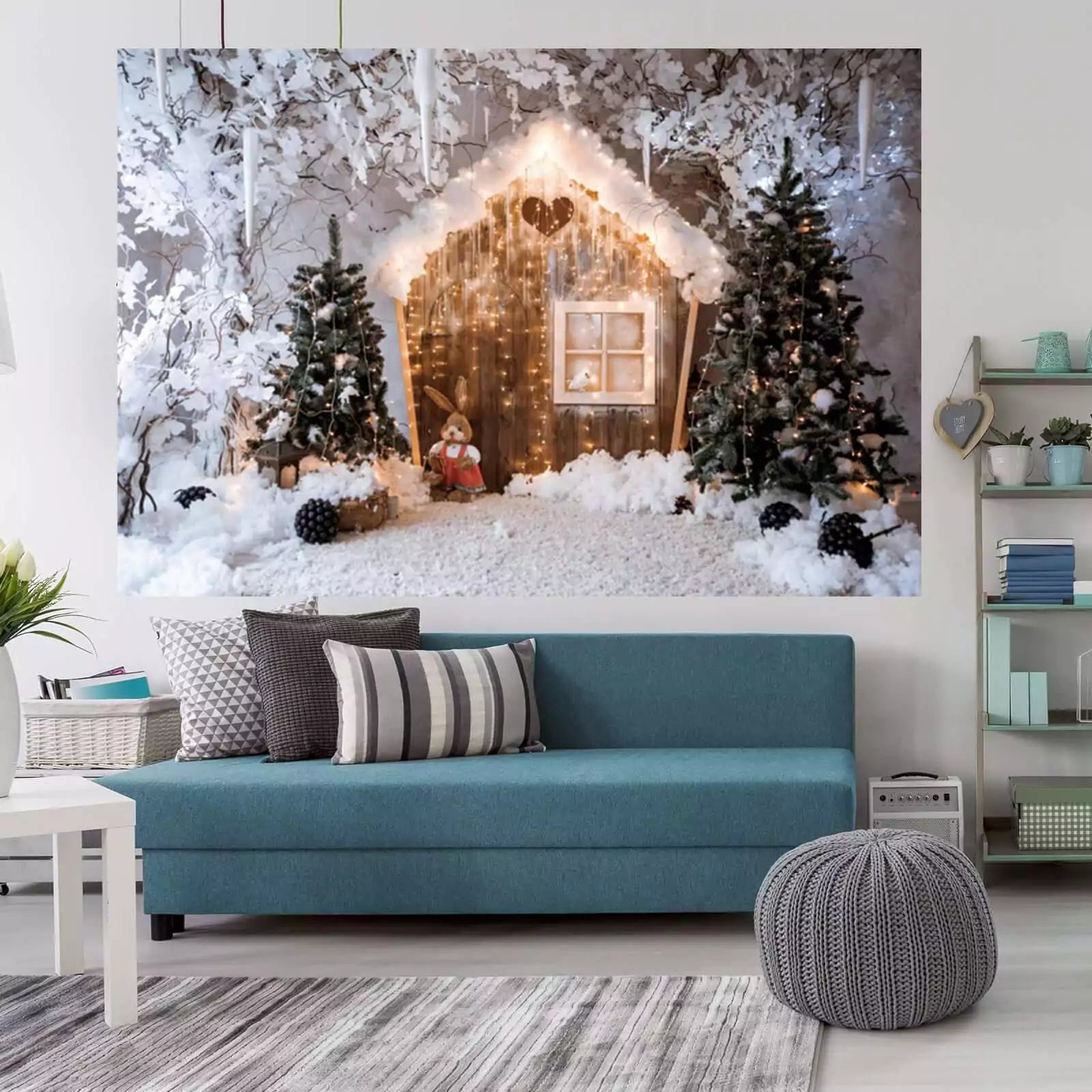 Christmas-themed backdrop with a rustic cabin, snow-covered trees, and festive lights, perfect for creating a winter wonderland atmosphere