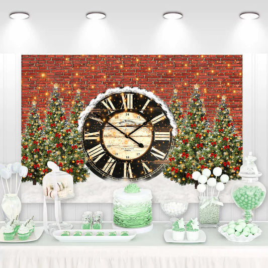 A stunning Christmas backdrop featuring a large clock on a snow-covered brick wall with decorated Christmas trees on each side.