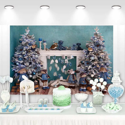 Photography backdrop of a holiday scene with decorated Christmas trees and teddy bears in festive outfits