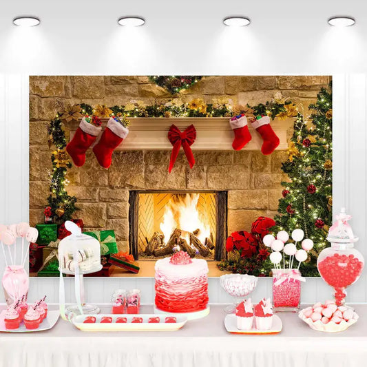 Festive Christmas party backdrop featuring a decorated fireplace with stockings, a glowing Christmas tree, and a warm fire, perfect for holiday celebrations.