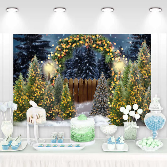 Christmas forest backdrop with glowing pine trees, snowy ground, wooden fence, and arch garland lights – perfect for holiday events and photo shoots