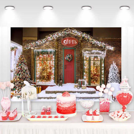 Festive Christmas gift shop backdrop with snowy storefront, decorated Christmas trees, glowing lights, and presents – ideal for holiday parties and photo booths