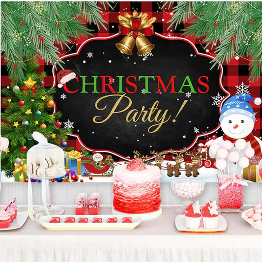 Christmas party backdrop with red and black buffalo plaid, chalkboard sign, decorated tree, snowman, and reindeer sleigh – perfect for festive holiday celebrations