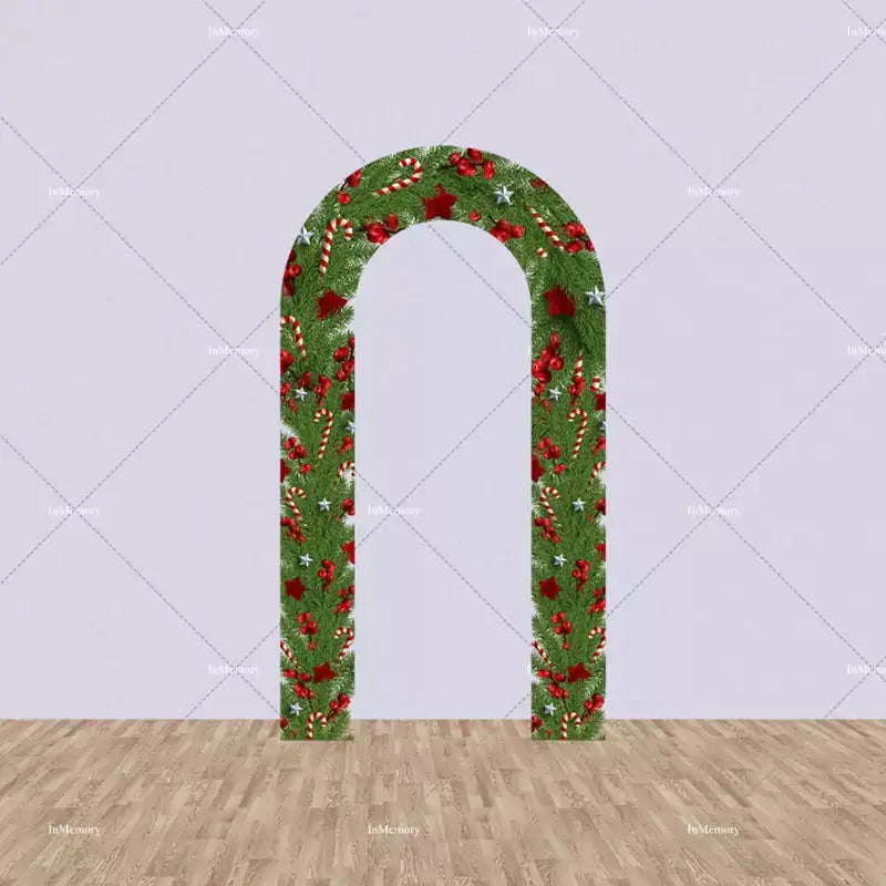 Arched Christmas backdrop with holiday garland, decorated with red ornaments, candy canes, and holly, perfect for adding a festive touch to holiday events.