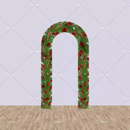 Arched Christmas backdrop with holiday garland, decorated with red ornaments, candy canes, and holly, perfect for adding a festive touch to holiday events.