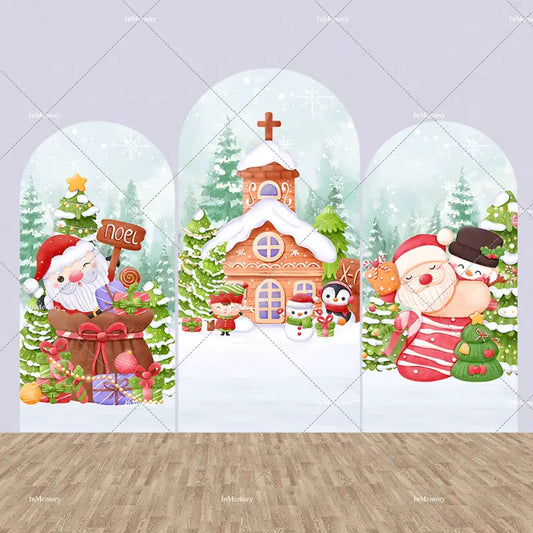 Three arch panels depicting a cute Santa village with elves, snowmen, penguins, gifts, Christmas trees, and a gingerbread church in a snowy forest.