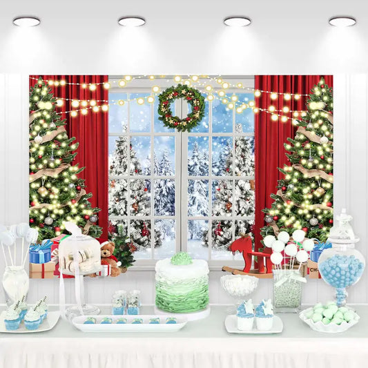 Christmas backdrop featuring snowy forest window view, decorated Christmas trees with lights and ornaments, red curtains, and gift boxes – perfect for festive holiday parties