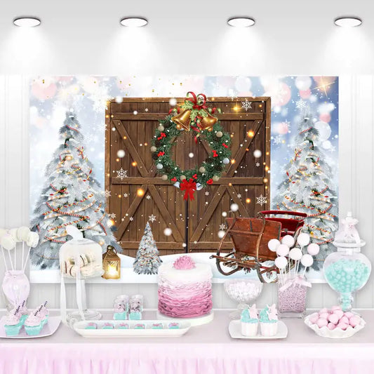 Enchanting Christmas party backdrop with snowy trees, festive decorations, and a rustic sleigh, ideal for creating a memorable holiday atmosphere.